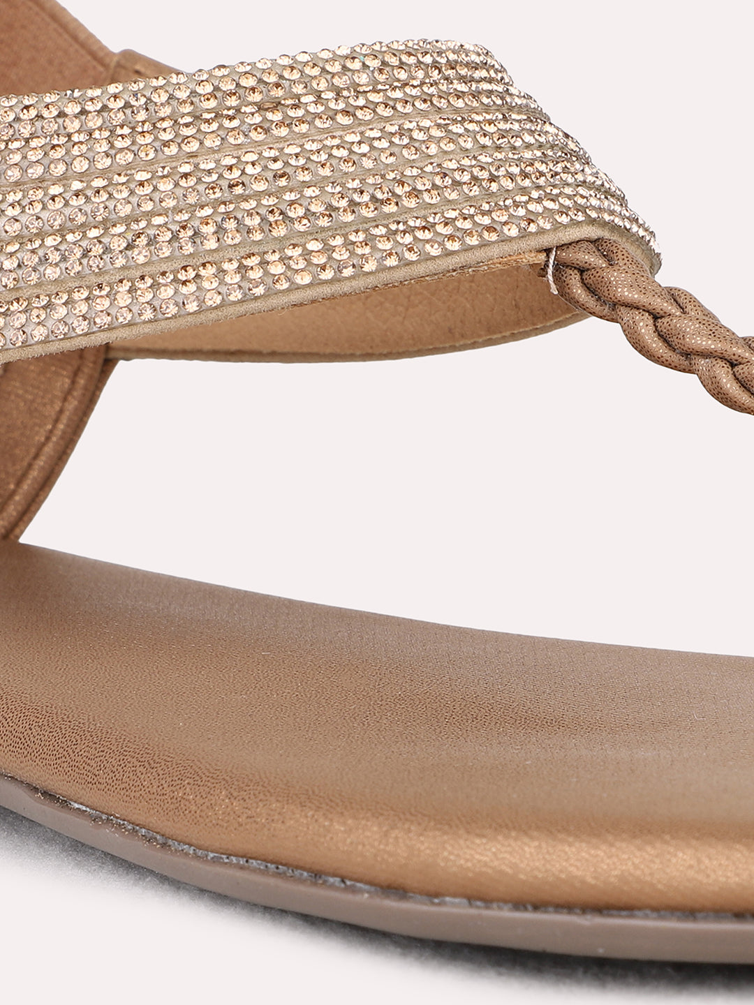 Womens Golden Ethnic Embellished T-Strap Flats