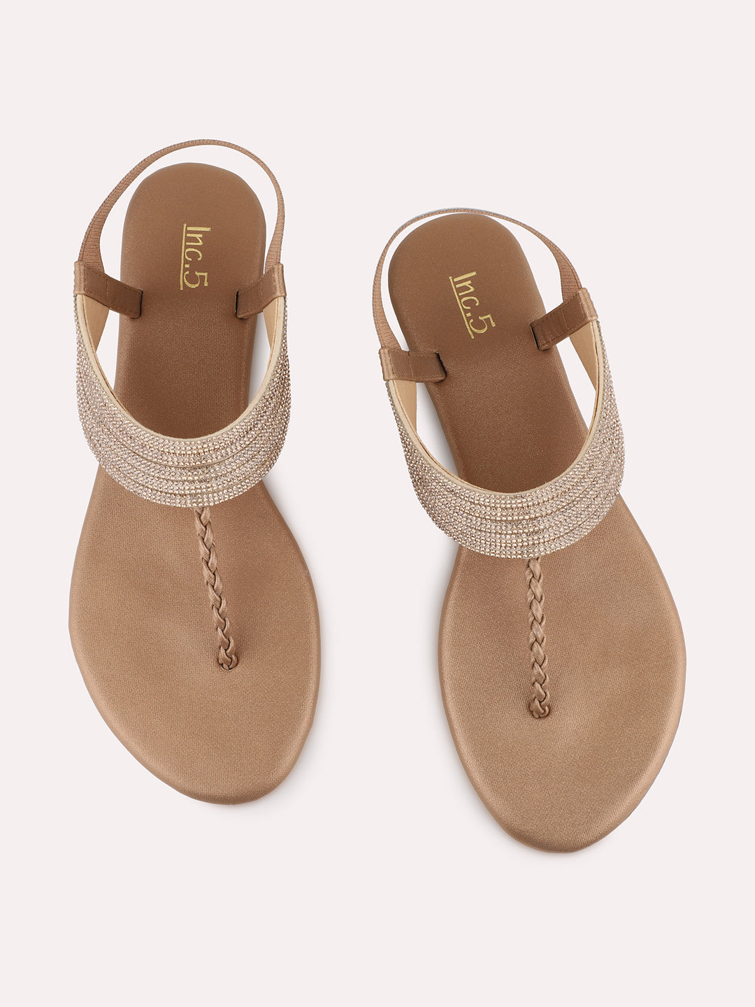 Womens Golden Ethnic Embellished T-Strap Flats