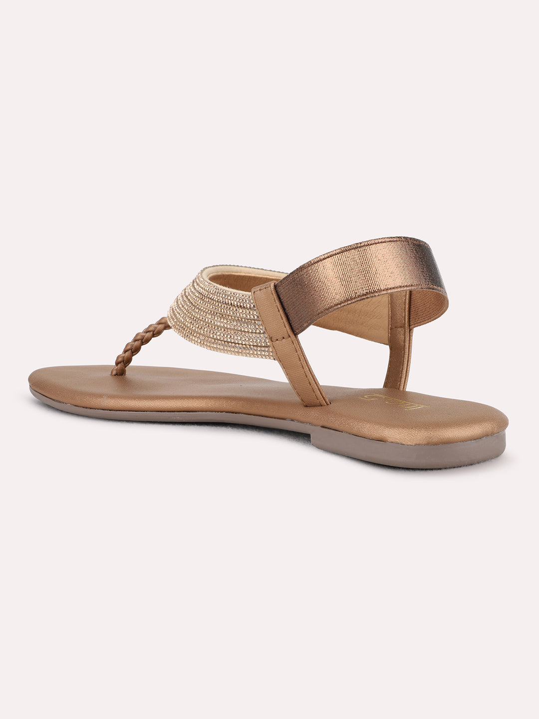 Womens Golden Ethnic Embellished T-Strap Flats