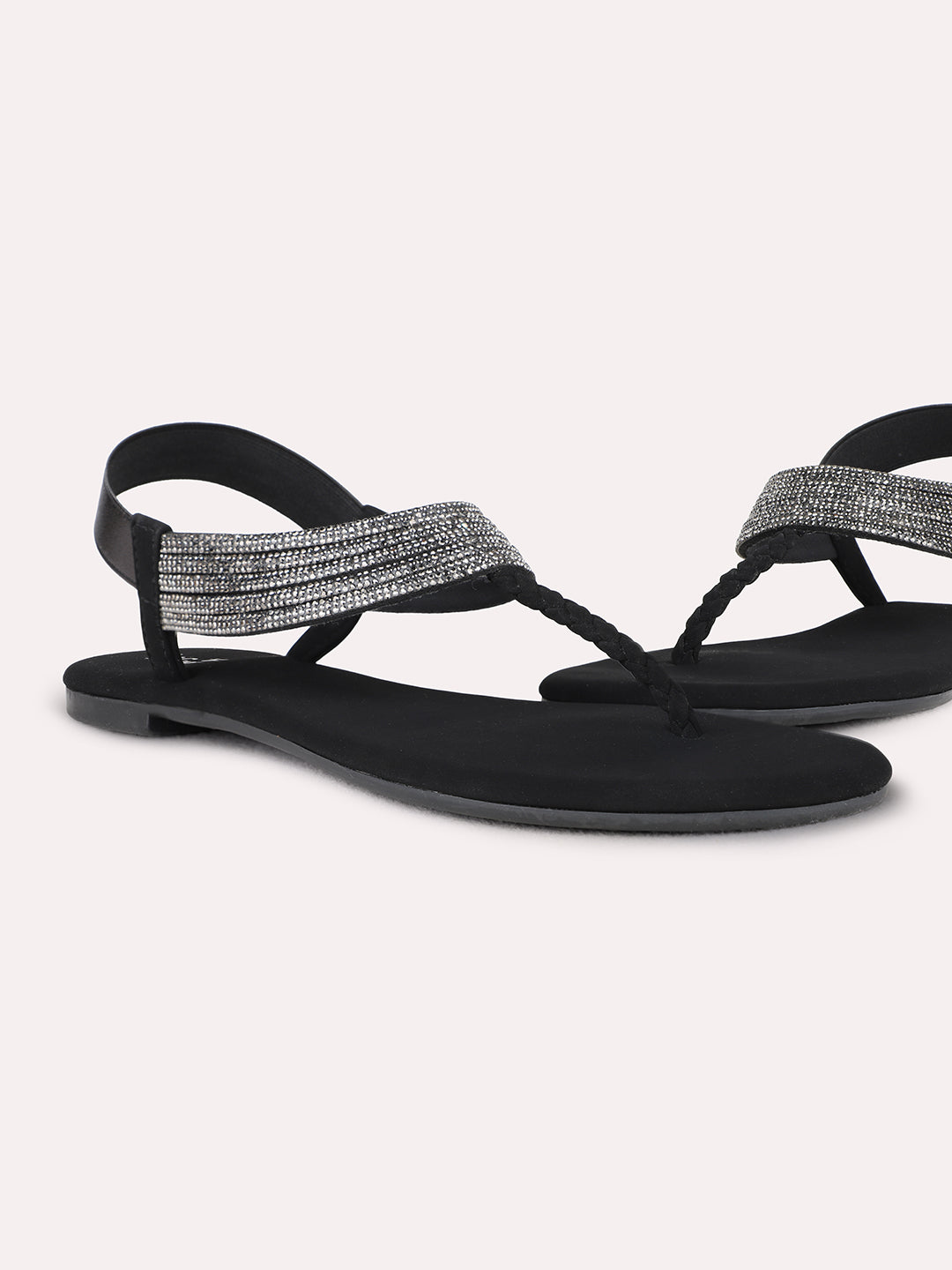 Womens Black Ethnic Embellished T-Strap Flats