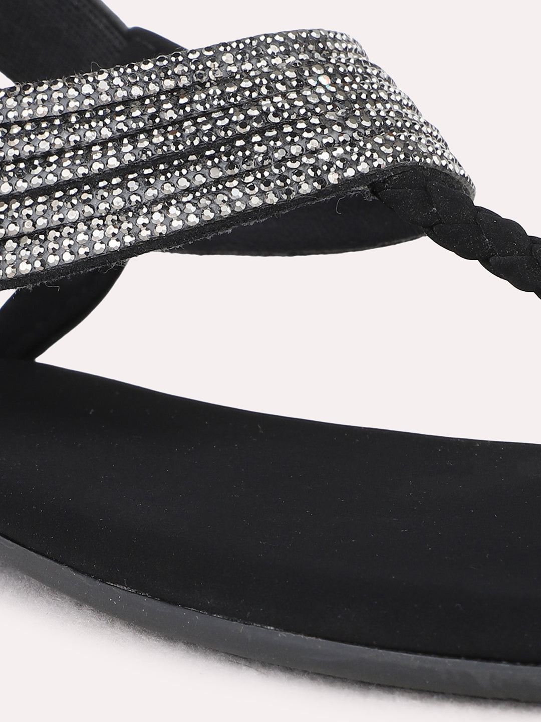 Womens Black Ethnic Embellished T-Strap Flats