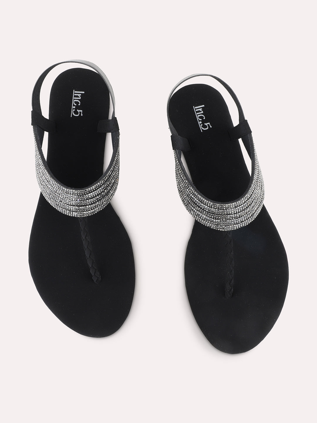 Womens Black Ethnic Embellished T-Strap Flats