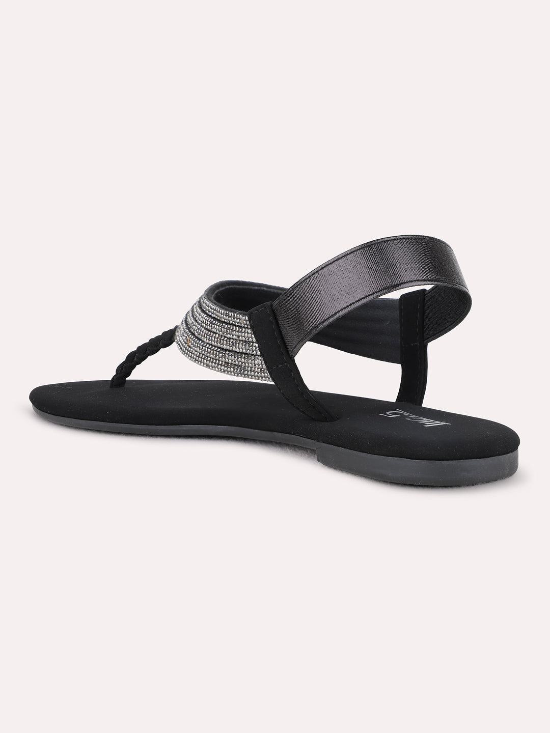 Womens Black Ethnic Embellished T-Strap Flats