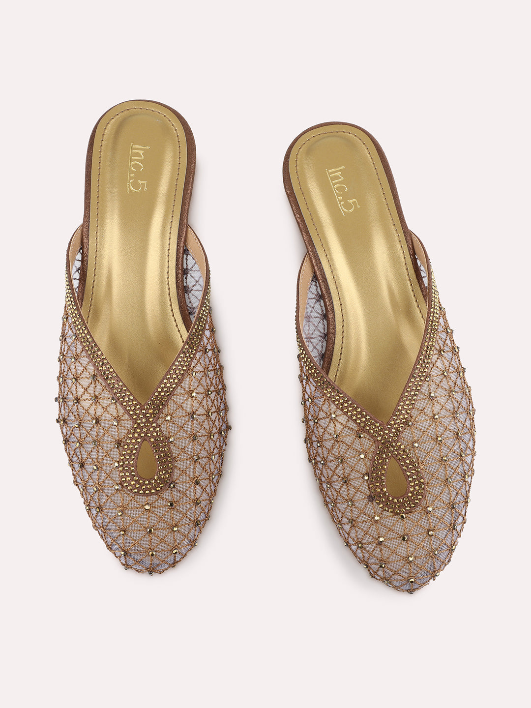 Womens Golden Party Wear Solid One Toe Flats Mules
