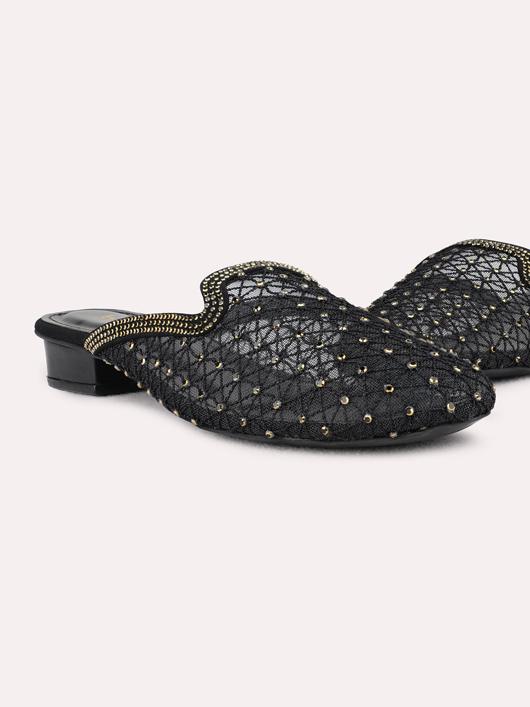 Womens Black Party Wear One Toe Flats Mules Sandals