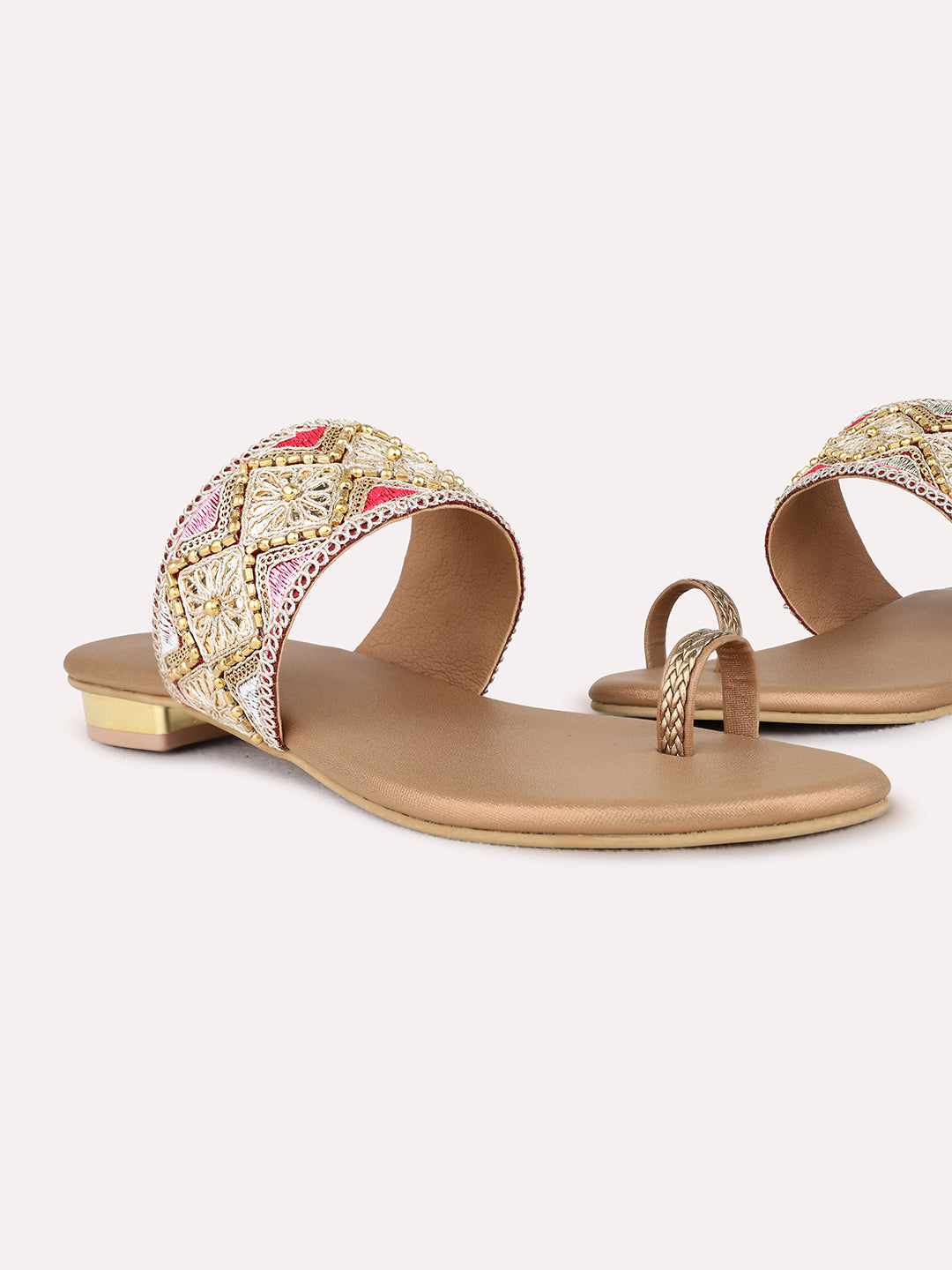 Womens Golden Ethnic Wear Embellished Round Toe Block Heel Sandals