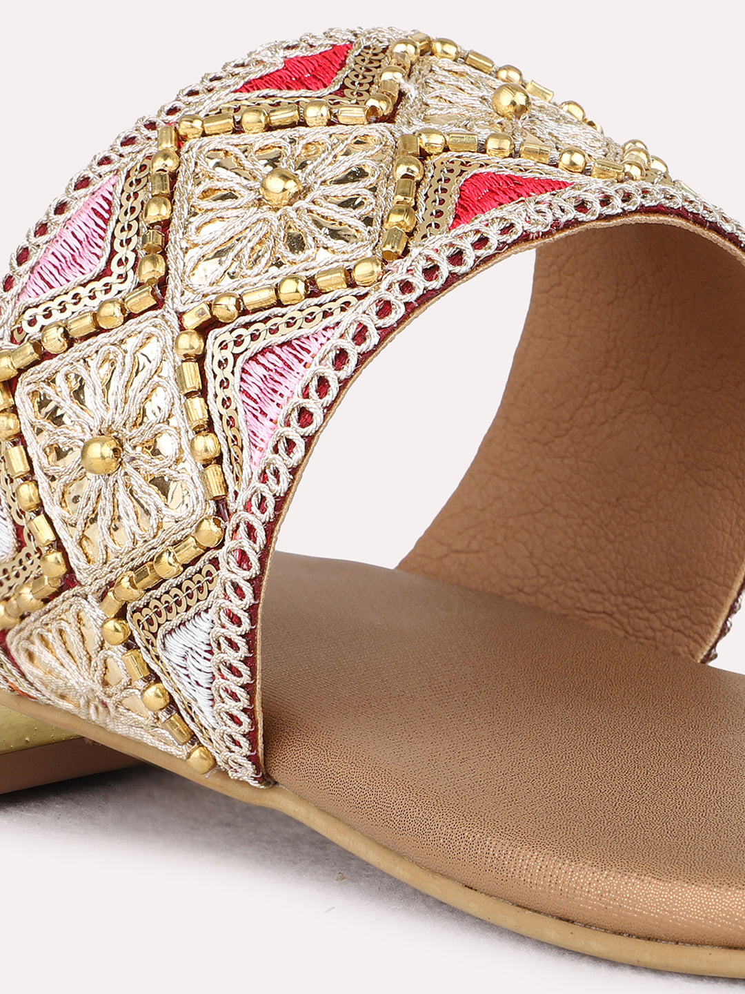 Womens Golden Ethnic Wear Embellished Round Toe Block Heels