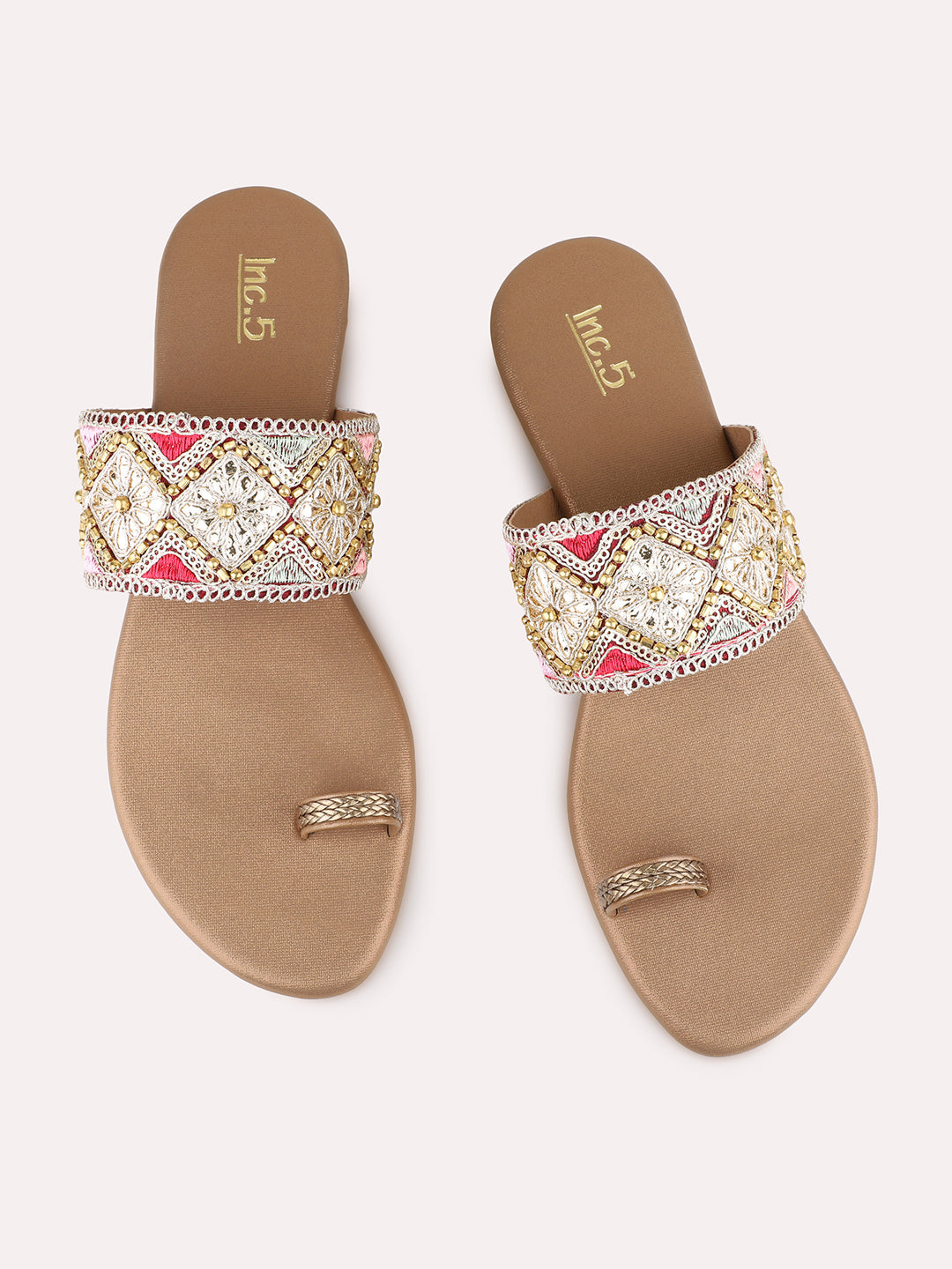 Womens Golden Ethnic Wear Embellished Round Toe Block Heels