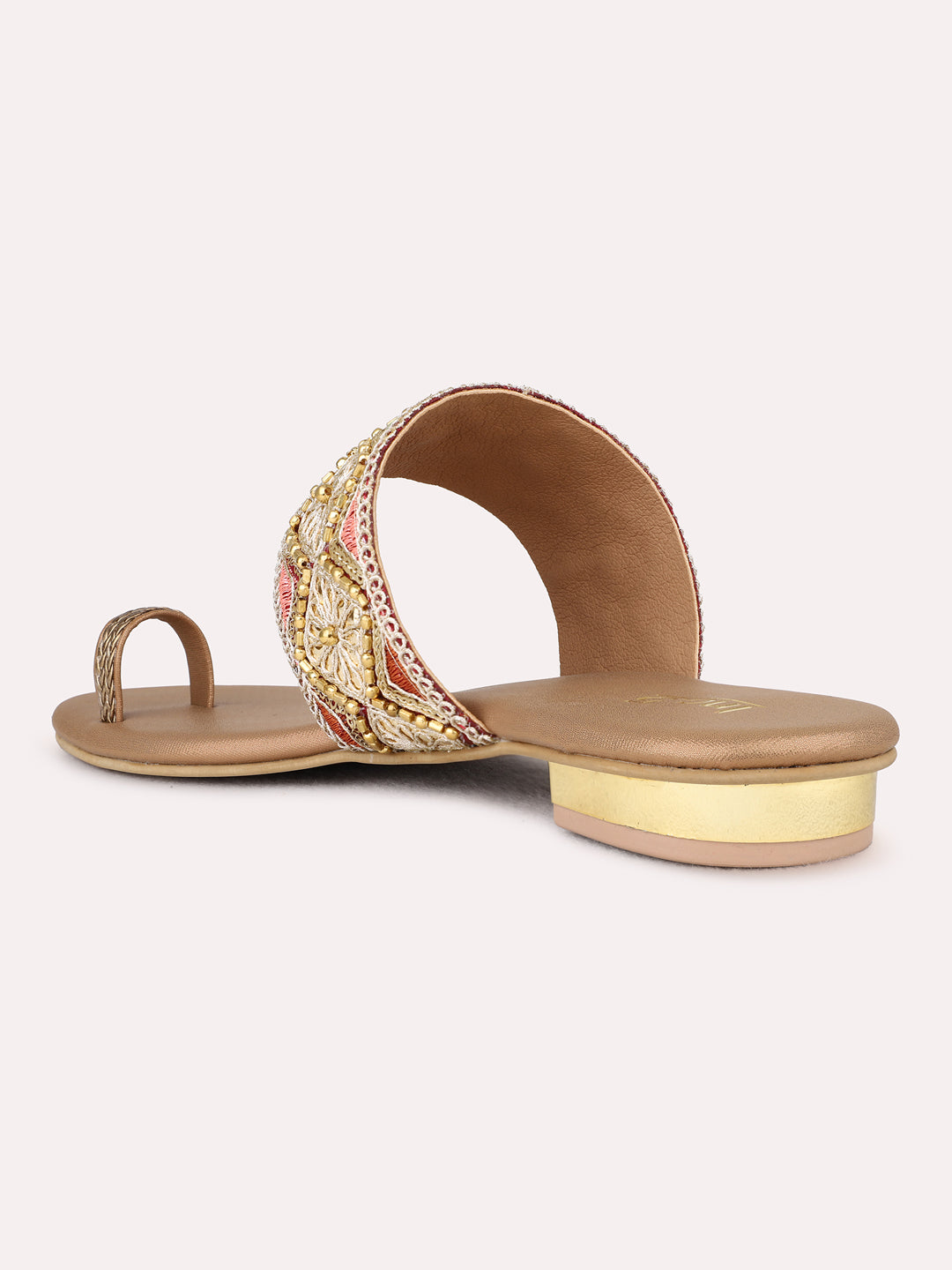 Womens Golden Ethnic Wear Embellished Round Toe Block Heel Sandals