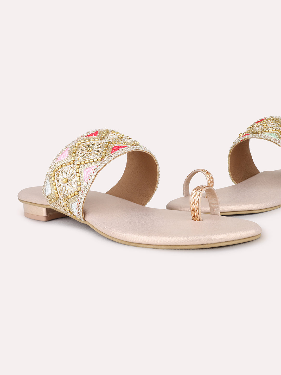 Womens Rose Gold Ethnic Wear Embellished Round Toe Block Heels