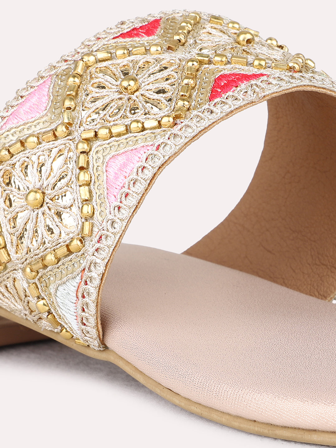 Womens Rose Gold Ethnic Wear Embellished Round Toe Block Heels