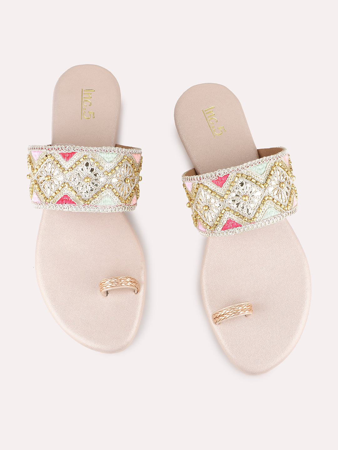 Womens Rose Gold Ethnic Wear Embellished Round Toe Block Heels