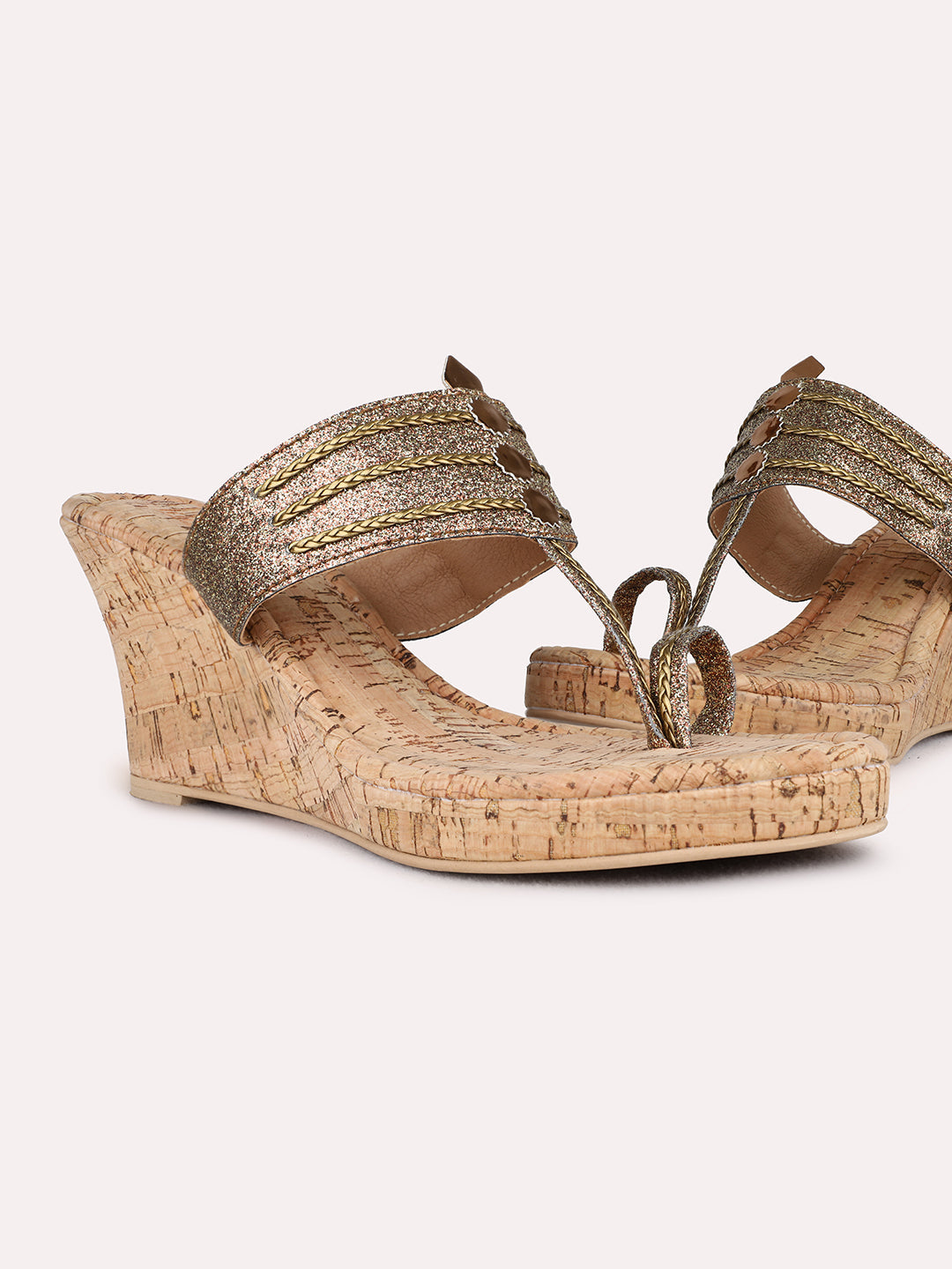 Womens Golden Ethnic Wear Embellished Round Toe Wedge Heel Sandals