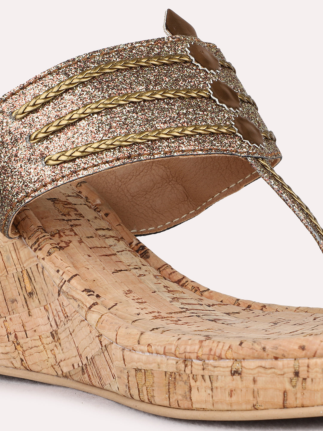 Womens Golden Ethnic Wear Embellished Round Toe Wedge Heel Sandals