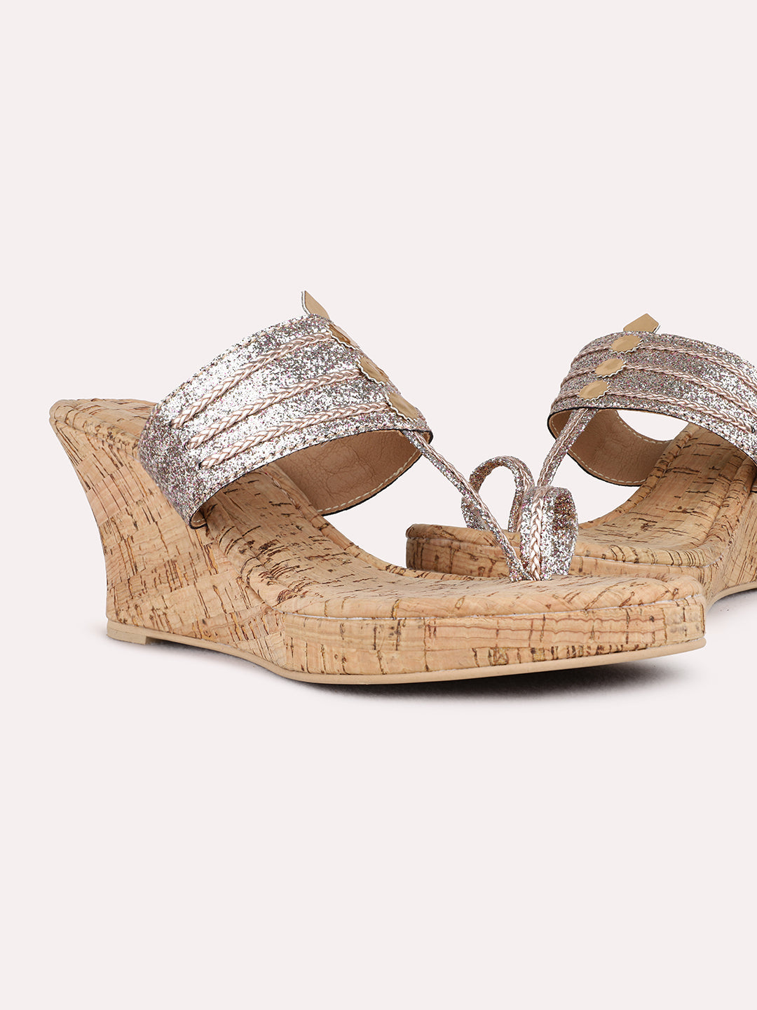 Womens Rose Gold Ethnic Wear Embellished Round Toe Wedge Heel Sandals