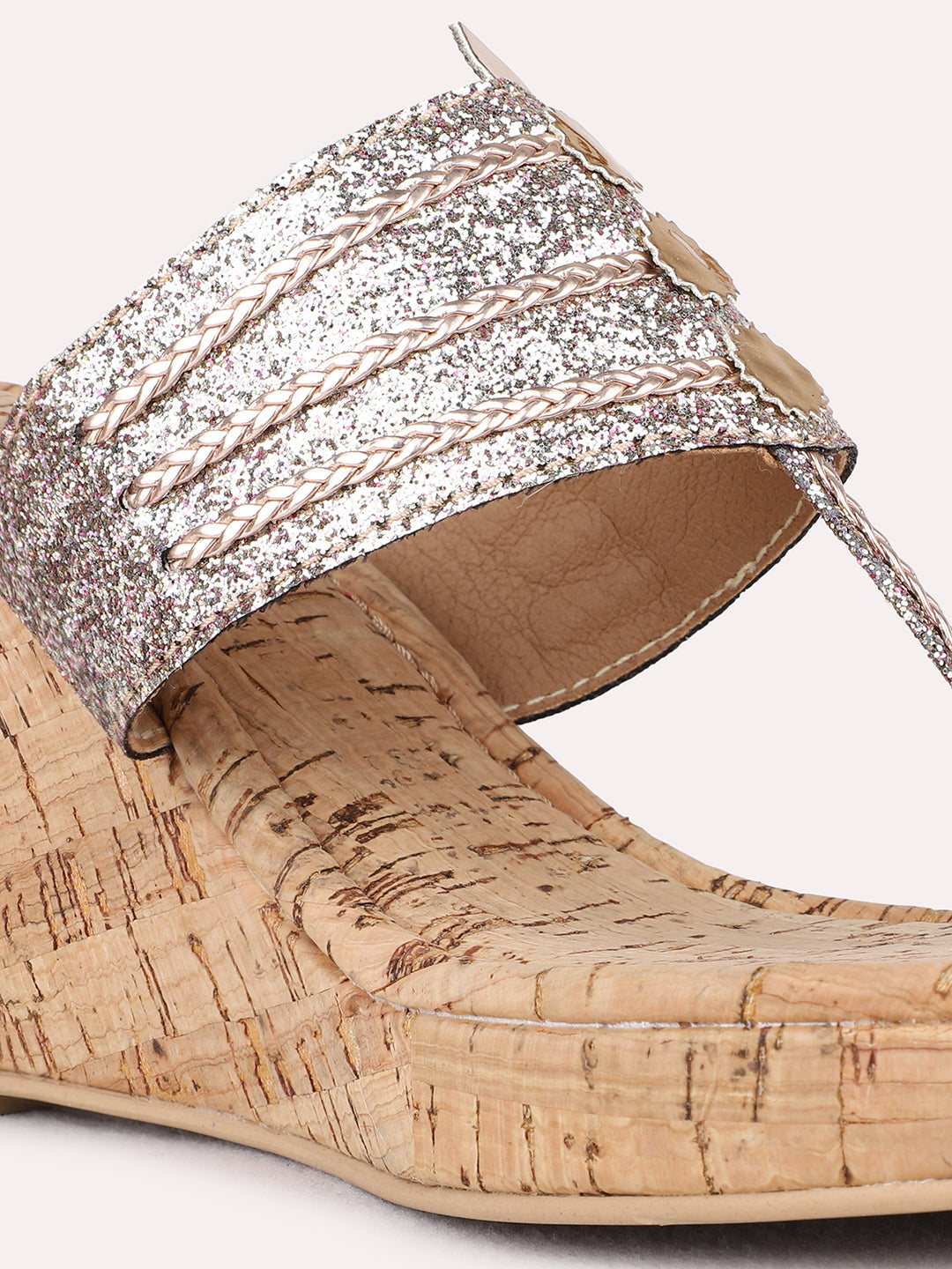 Womens Rose Gold Ethnic Wear Embellished Round Toe Wedge Heel Sandals