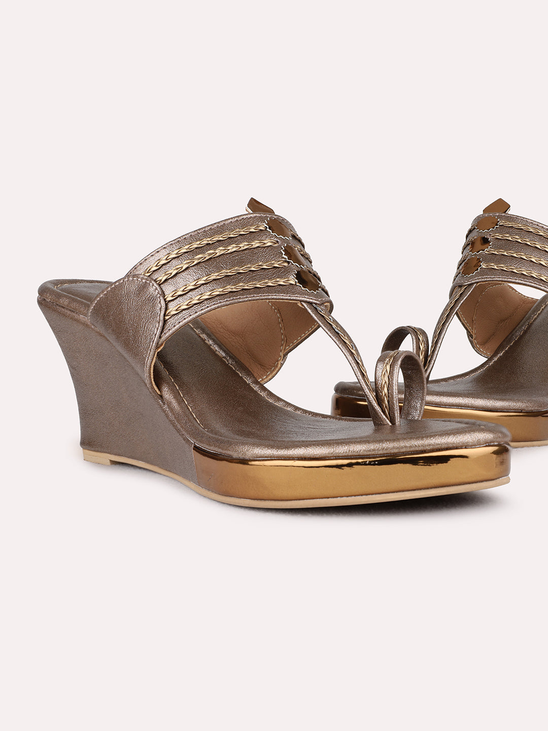 Womens Golden Ethnic Wear Embellished Round Toe Wedge Heel Sandals