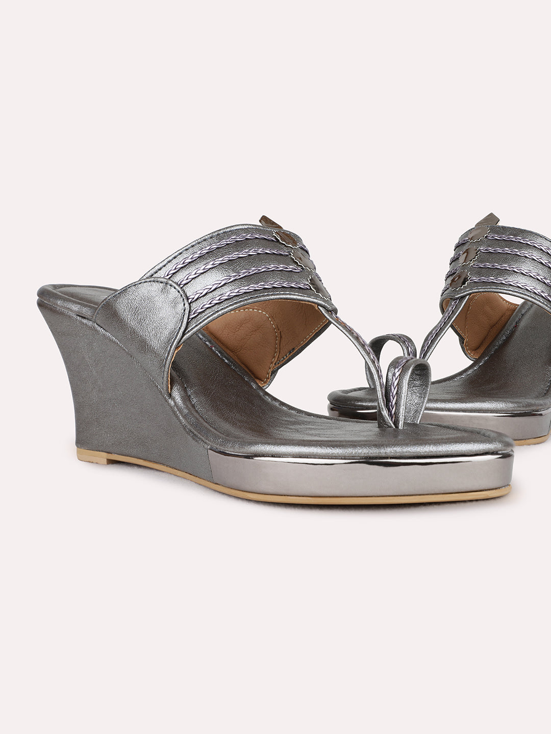 Womens Pewter Ethnic Wear Embellished Round Toe Wedge Heel Sandals