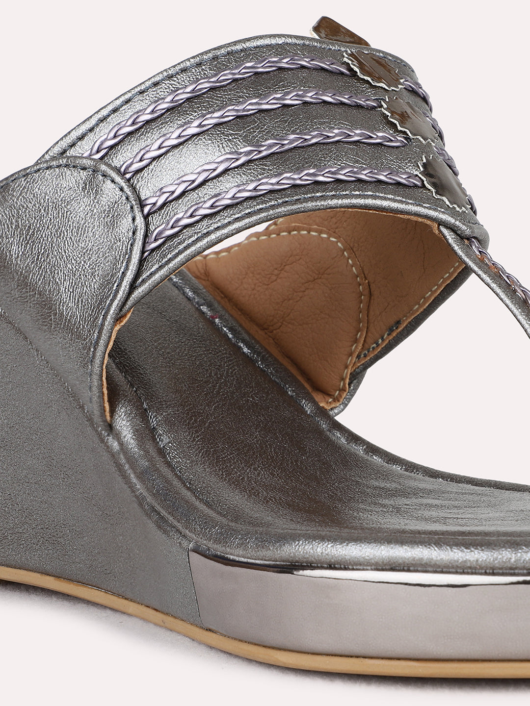 Womens Pewter Ethnic Wear Embellished Round Toe Wedge Heel Sandals