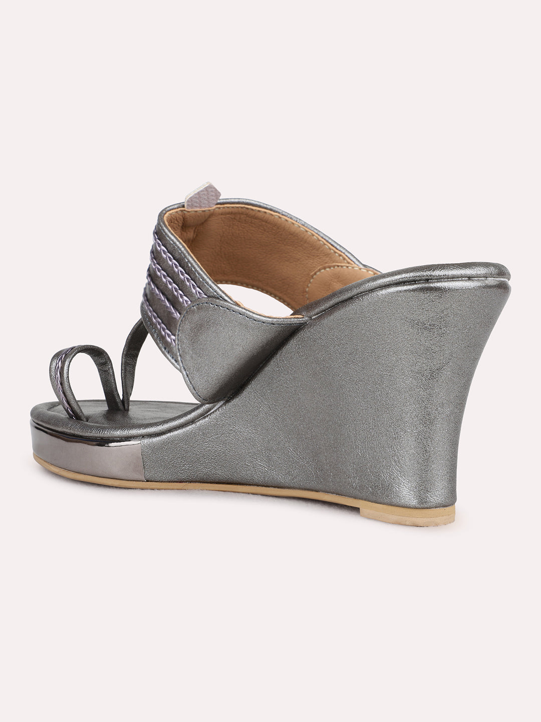 Womens Pewter Ethnic Wear Embellished Round Toe Wedge Heel Sandals