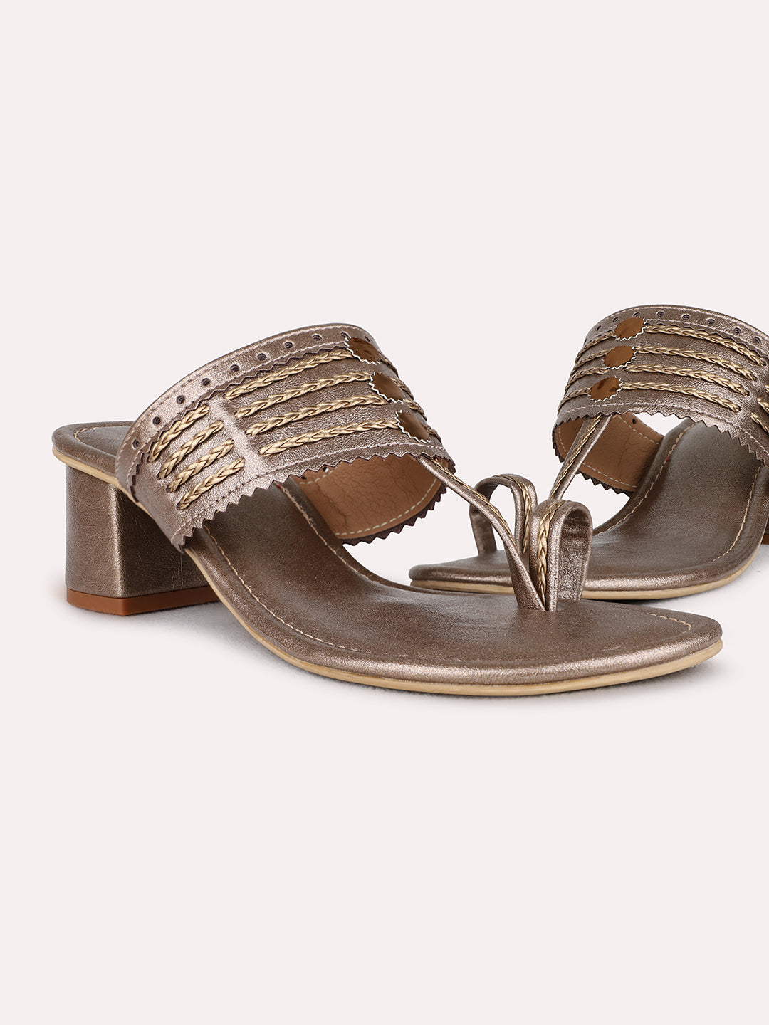 Womens Golden Ethnic Wear Embellished Round Toe Block Heel Sandals