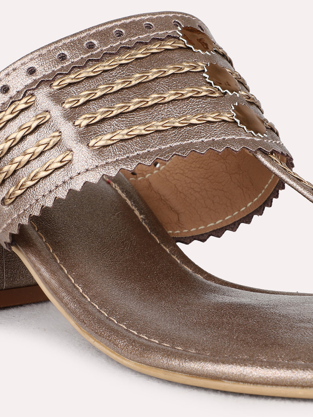 Womens Golden Ethnic Wear Embellished Round Toe Block Heel Sandals