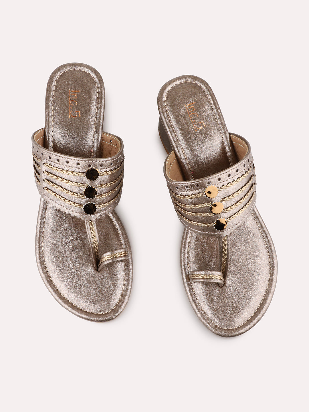 Womens Golden Ethnic Wear Embellished Round Toe Block Heels