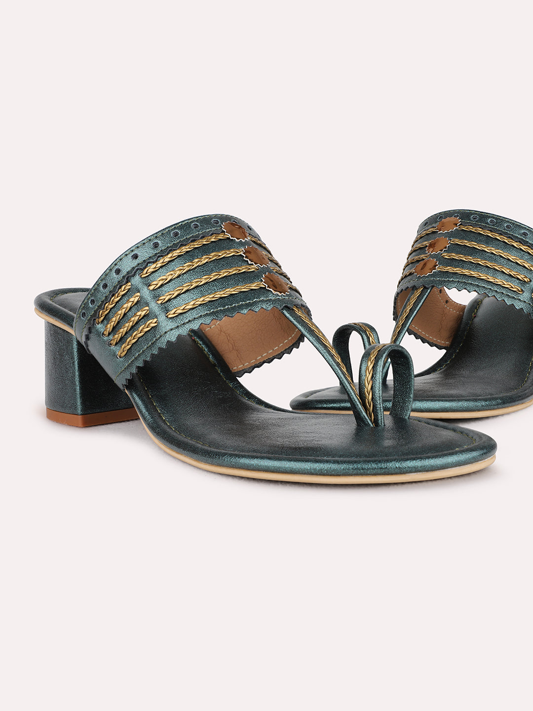 Womens Green Ethnic Wear Embellished Round Toe Block Heel Sandals