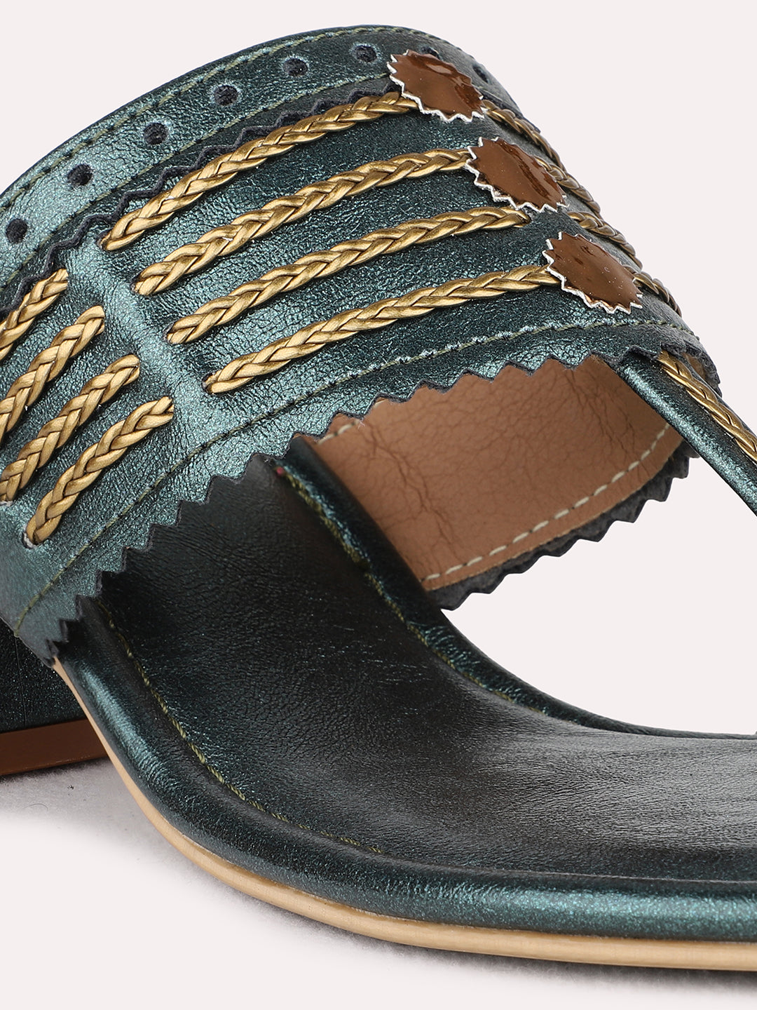 Womens Green Ethnic Wear Embellished Round Toe Block Heel Sandals