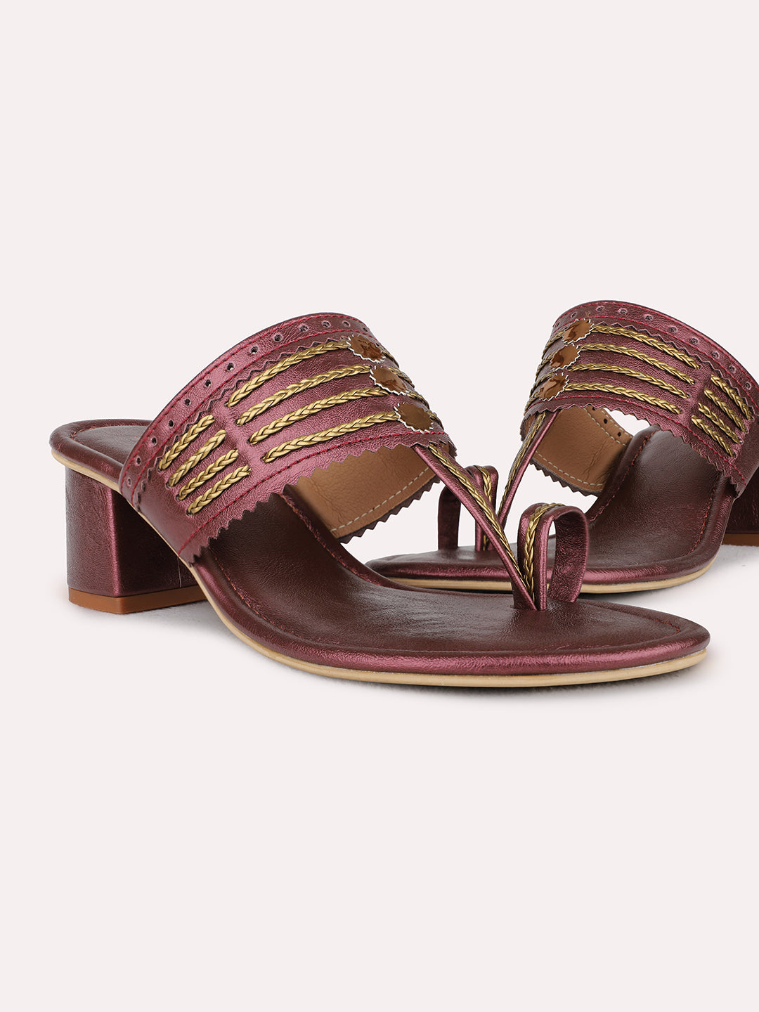 Womens Maroon Ethnic Wear Embellished Round Toe Block Heel Sandals