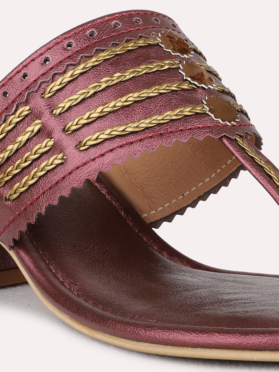 Womens Maroon Ethnic Wear Embellished Round Toe Block Heel Sandals