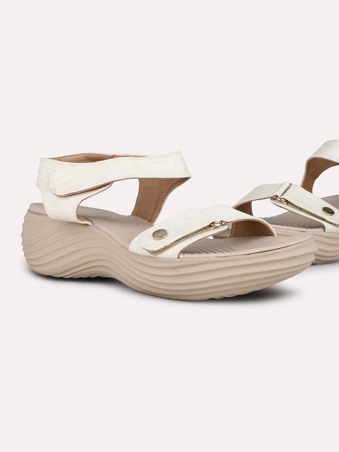 Womens Cream Party Wear Solid Round Toe Wedge Heel Sandals