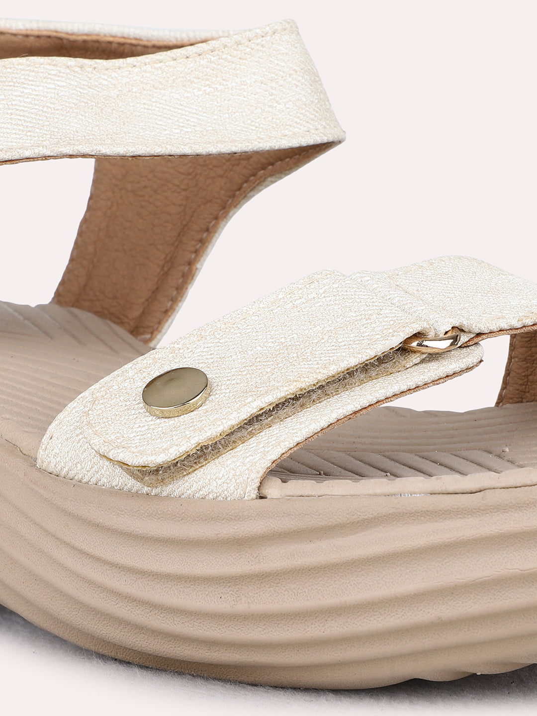 Womens Cream Party Wear Solid Round Toe Wedge Heel Sandals