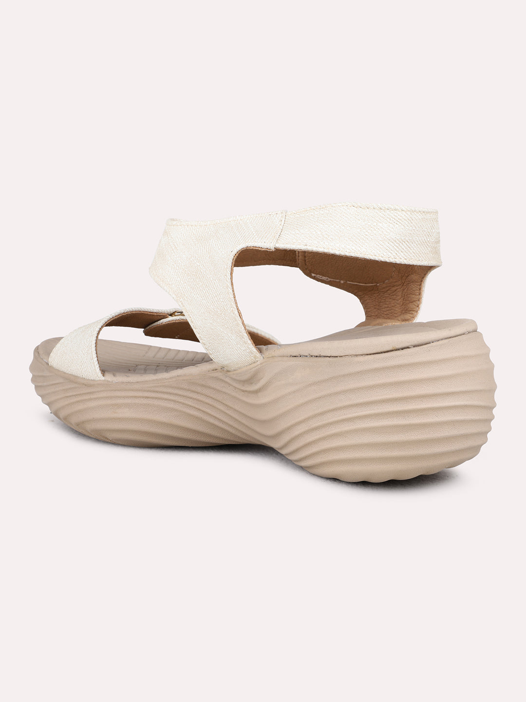 Womens Cream Party Wear Solid Round Toe Wedge Heel Sandals