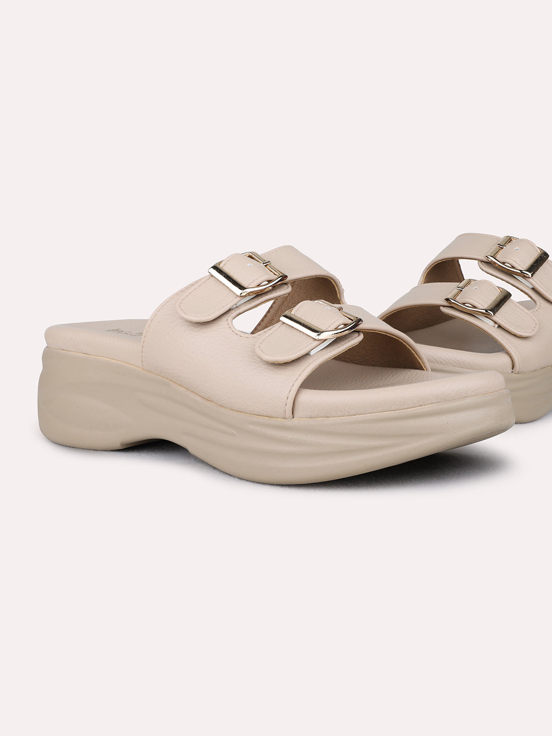 Womens Beige Party Wear Solid Round Toe Wedge Heel Sandals