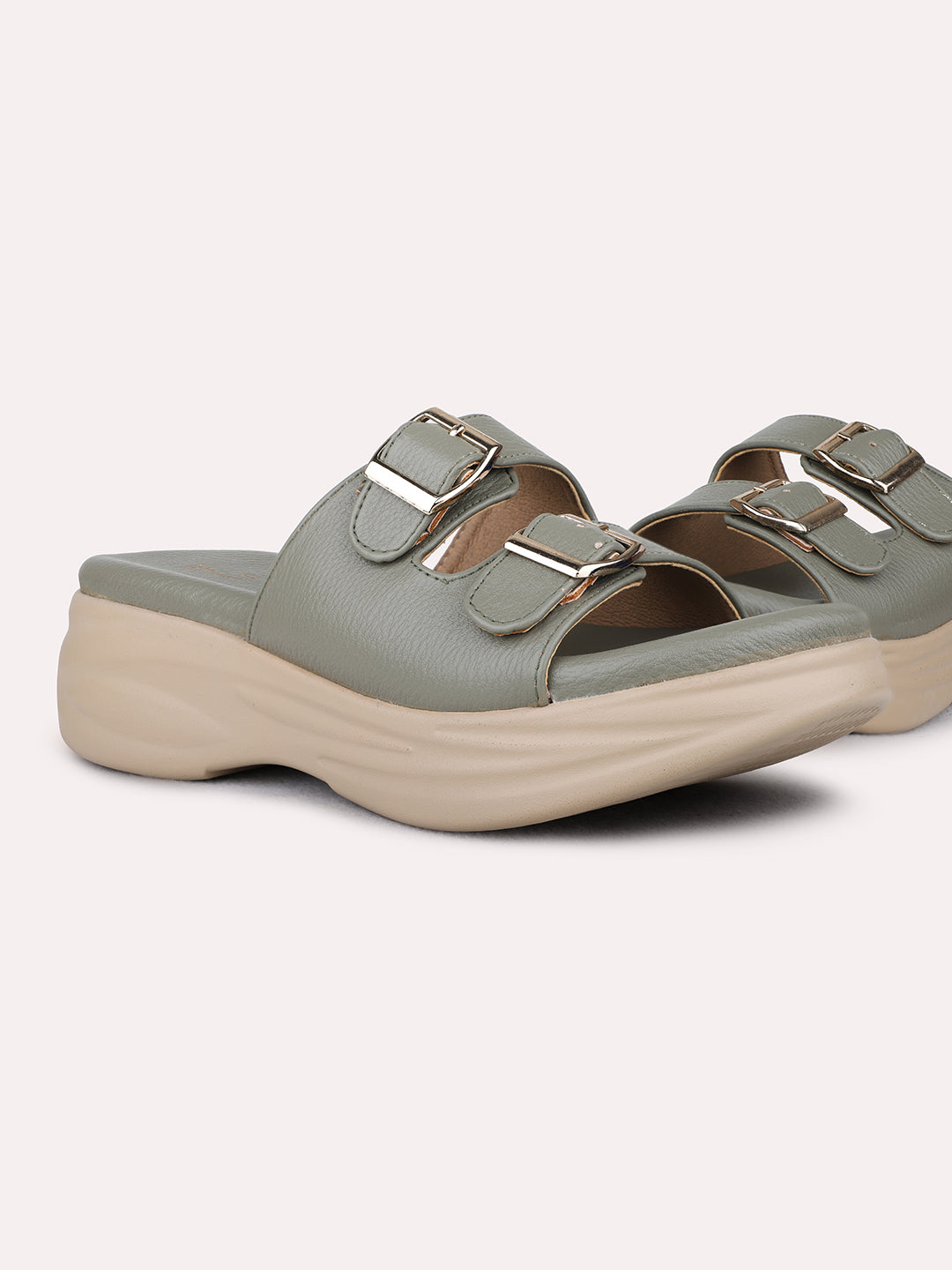 Womens Green Party Wear Solid Round Toe Wedge Heel Sandals