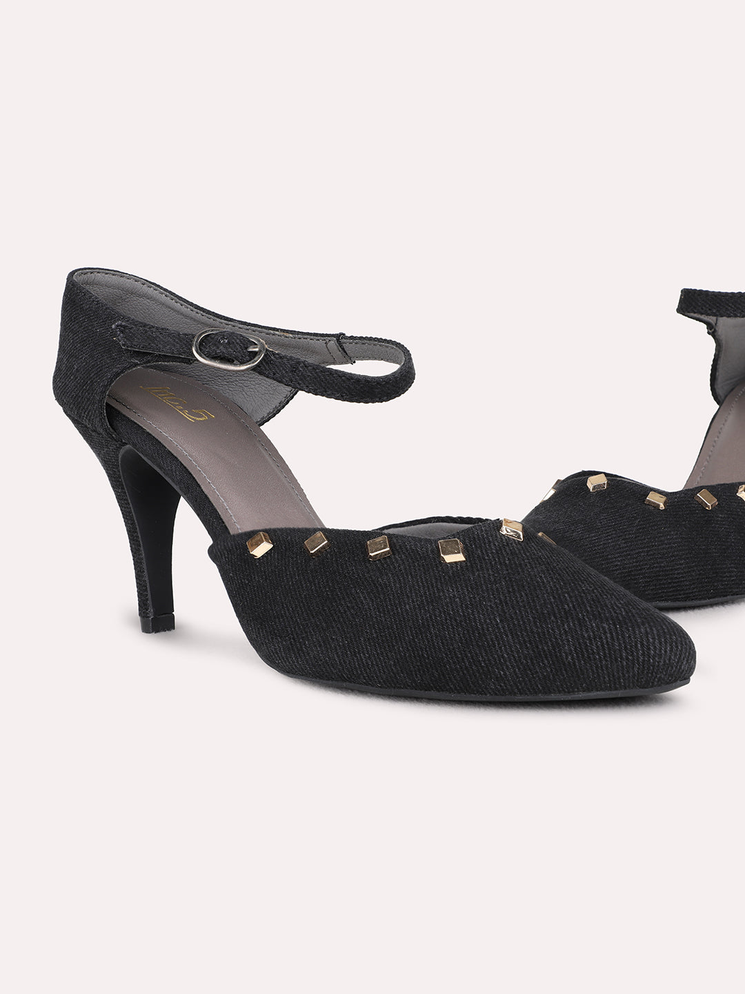 Womens Black Party Wear Embellished Pointed Toe Kitten Heel Sandals