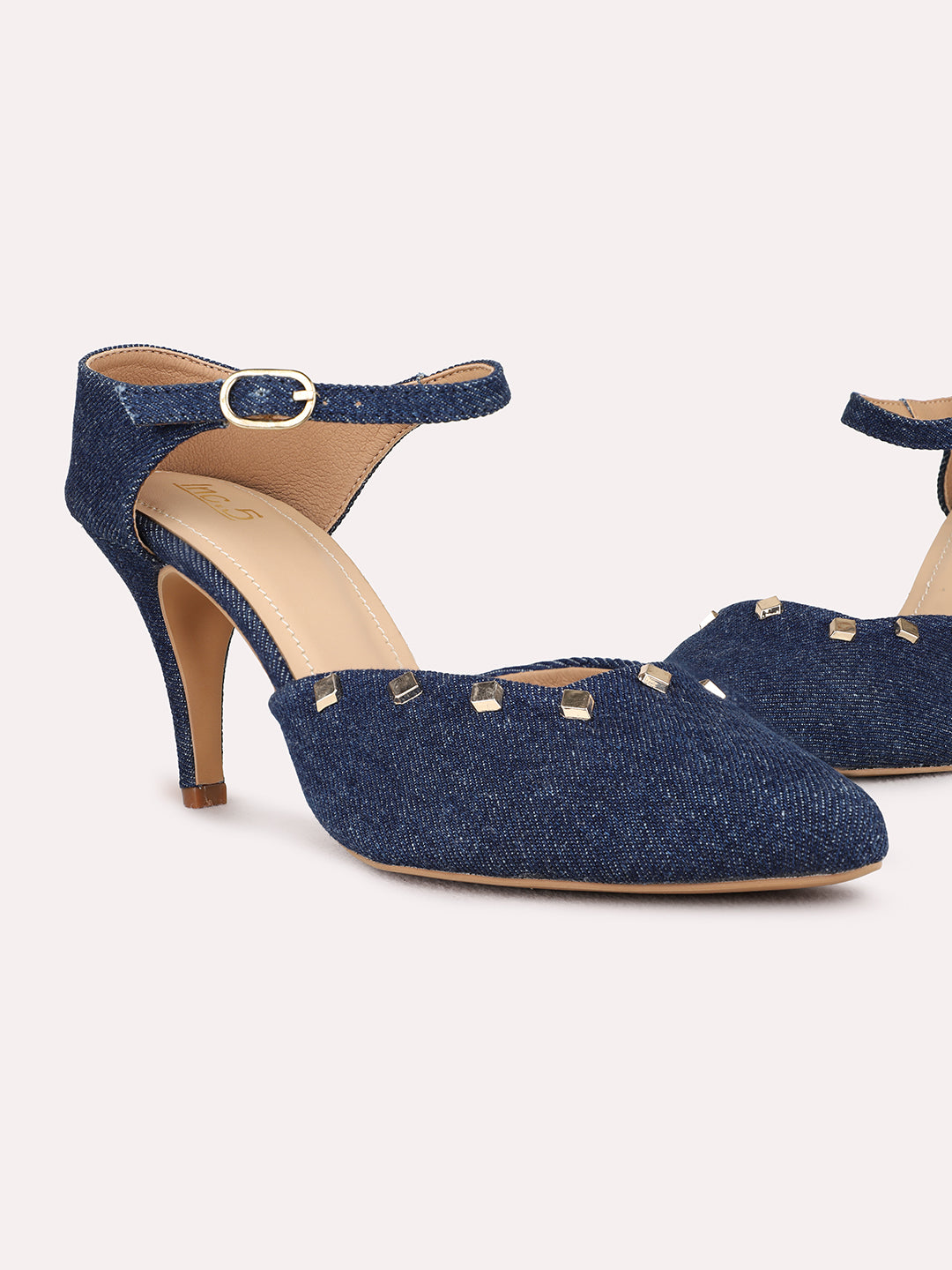 Womens Navy Blue Party Wear Embellished Pointed Toe Kitten Heel Sandals