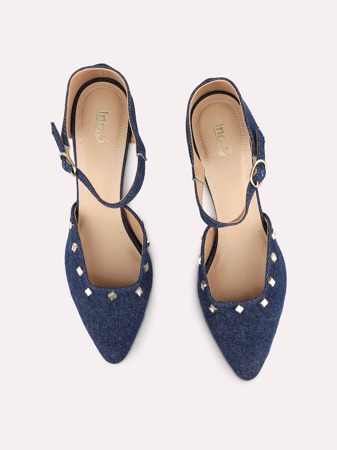 Womens Navy Blue Party Wear Embellished Pointed Toe Kitten Heel Sandals