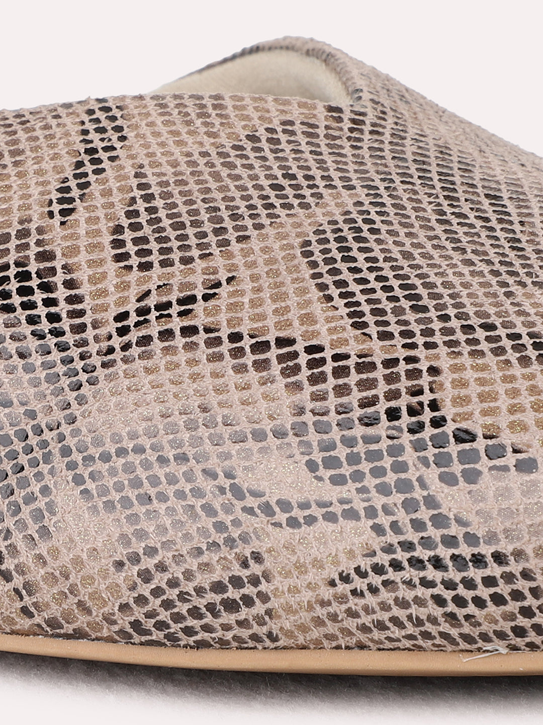 Womens Beige Party Wear Printed Pointed Toe Block Heel Mules