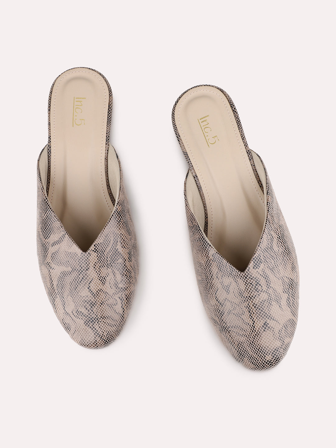 Womens Beige Party Wear Printed Pointed Toe Block Heel Mules