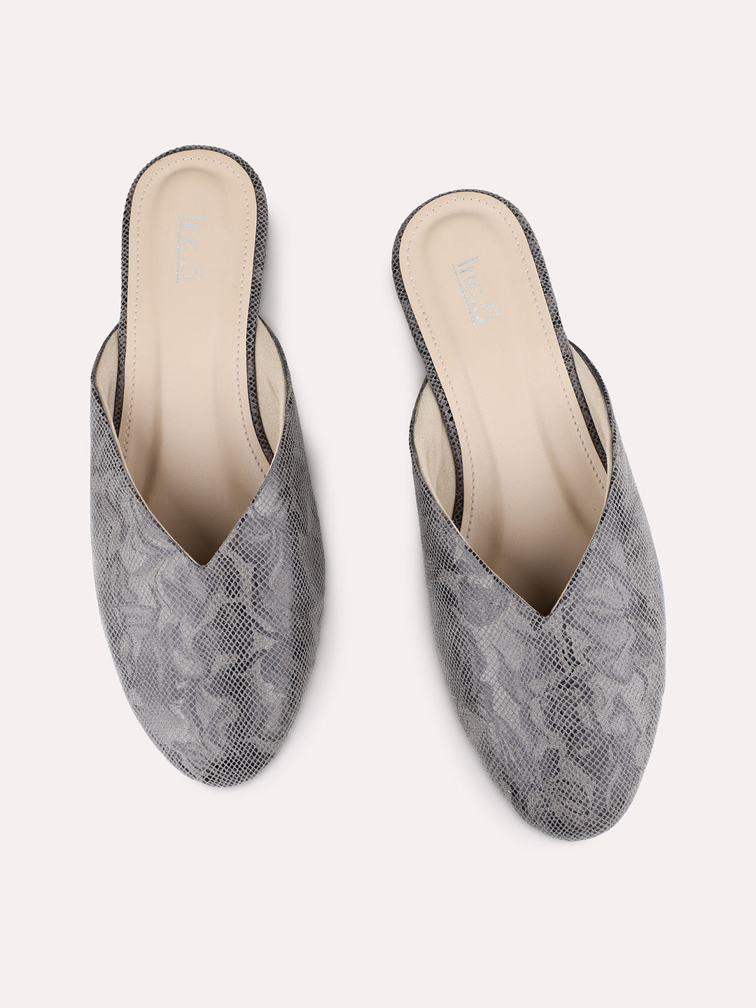 Womens Grey Party Wear Printed Pointed Toe Block Heel Mules