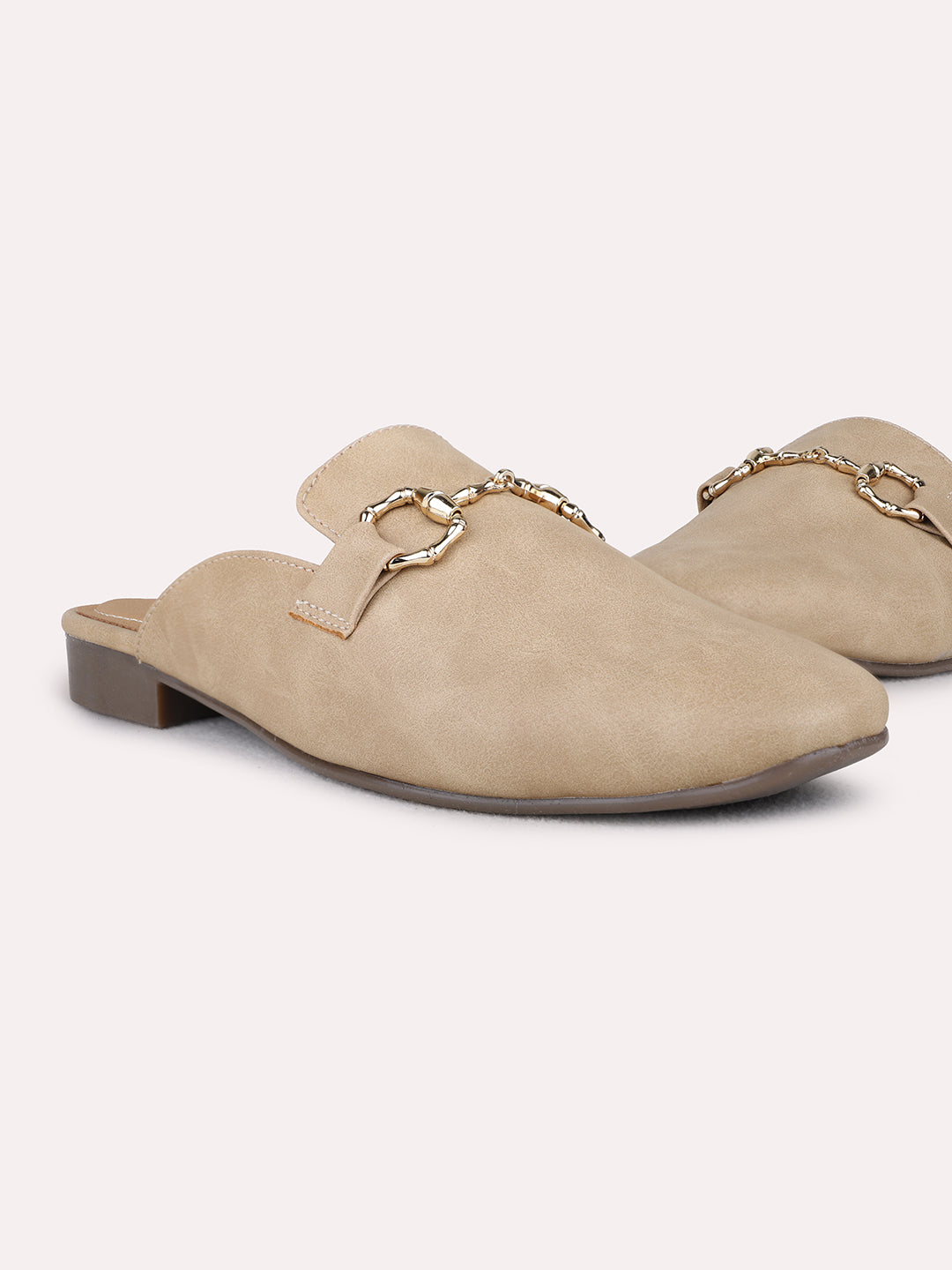 Womens Beige Party Wear Solid One Toe Flats Mules Sandals