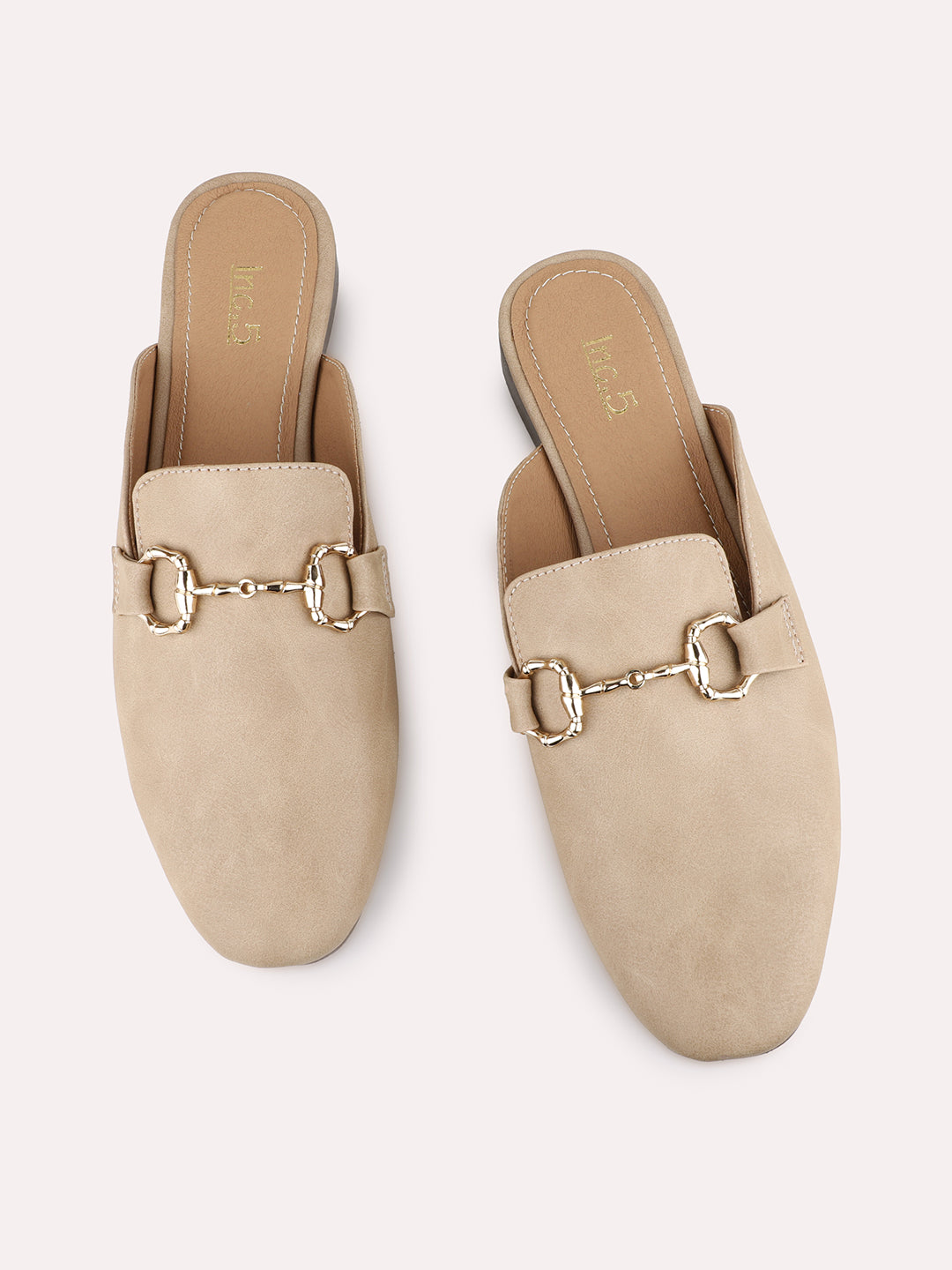 Womens Beige Party Wear Solid One Toe Flats Mules Sandals