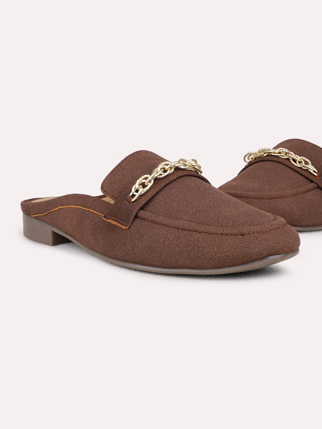 Womens Brown Party Wear Solid One Toe Flats Mules Sandals