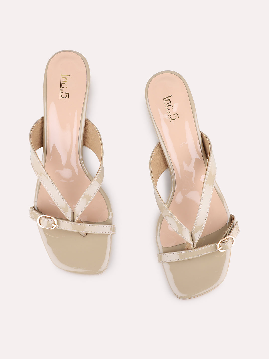 Womens Beige Party Wear Solid Square Toe Block Heel Sandals