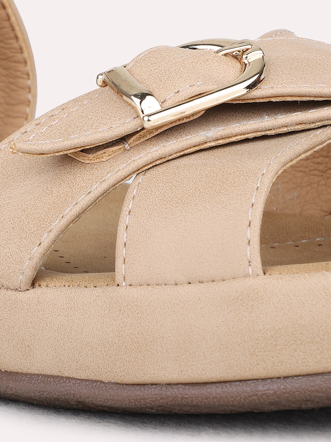 Womens Beige Casual Solid Open Toe Flat Sandals