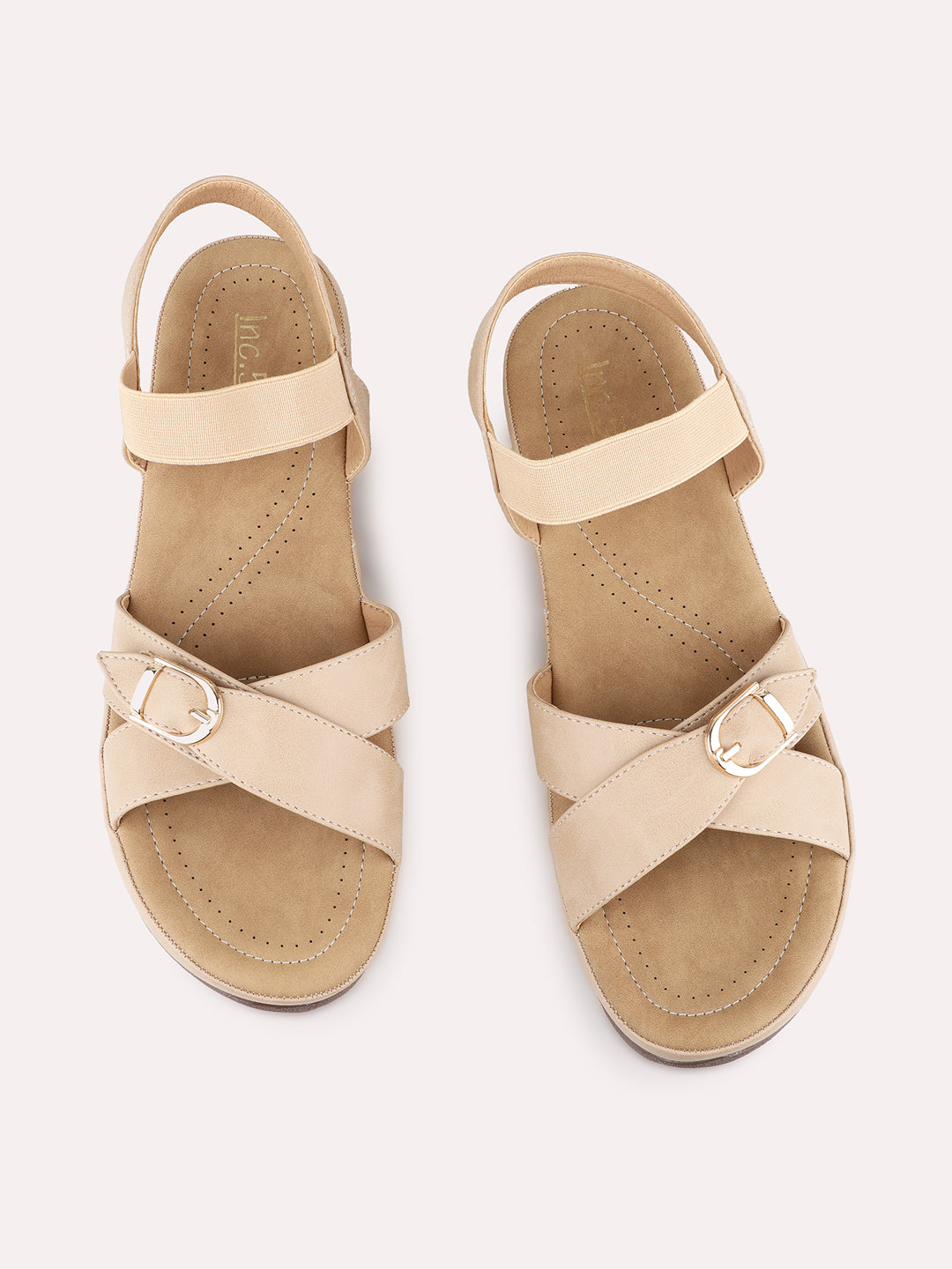 Womens Beige Casual Solid Open Toe Flat Sandals