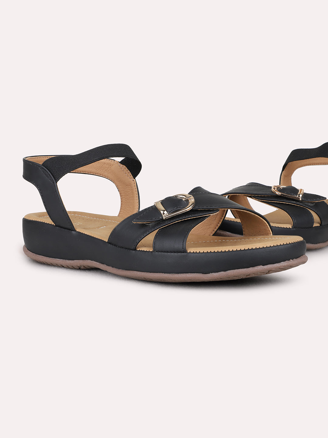 Womens Black Casual Solid Open Toe Flat Sandals