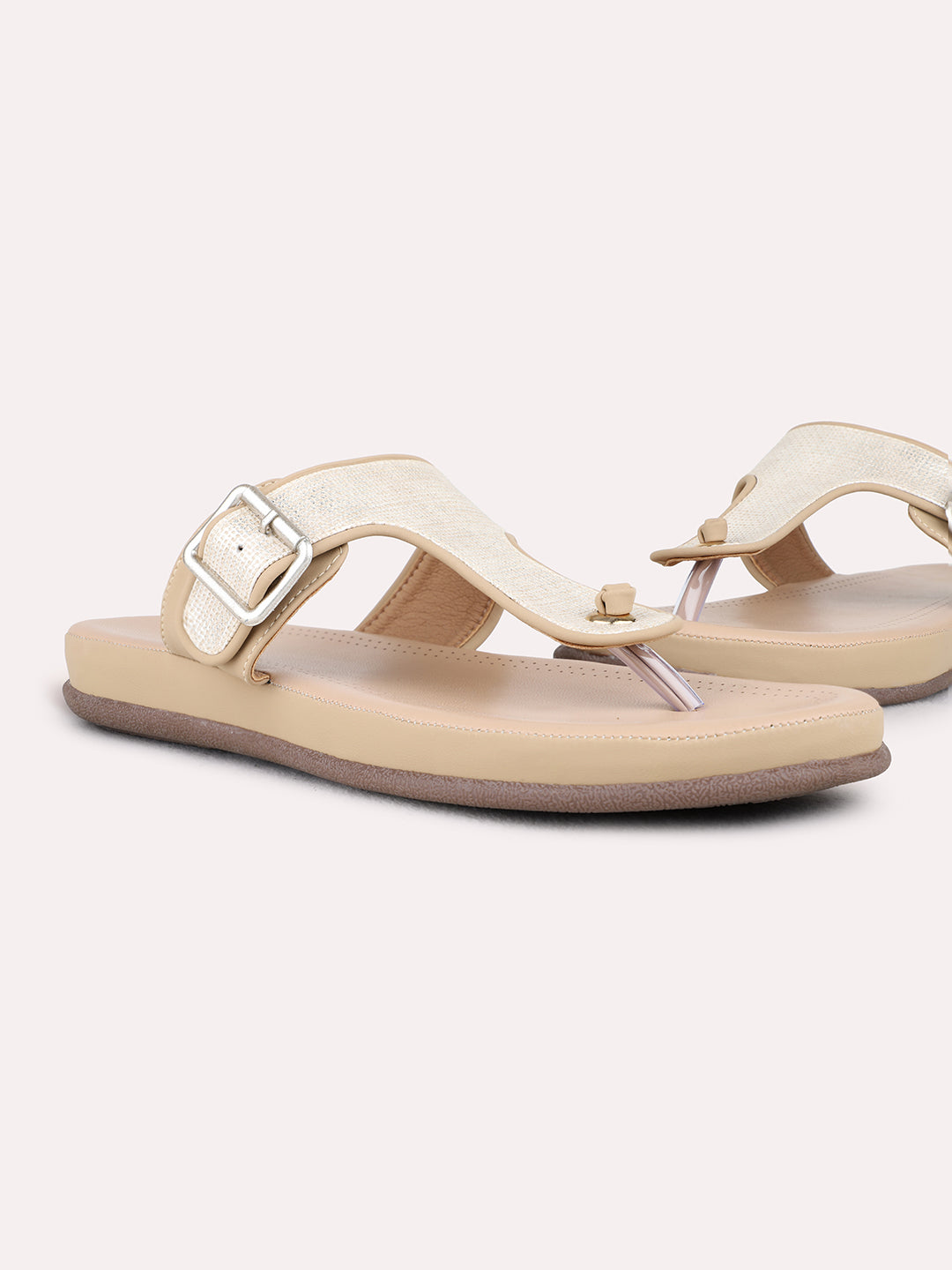 Womens Beige Casual Solid T-Strap Flat Sandals